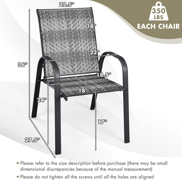 Sit on these outdoor dining chairs to have a delicious meal! Â  For comfort  these patio chairs are ergonomically designed with curved backrests  cozy armrests and deep seats to provide comfy sitting experience. Moreover  the all-weather PE wicker and stu