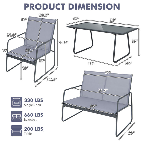 Injects a charming flair into your outdoor space with this 4-piece patio furniture set! Â  The loveseat and 2 chairs are ideal for chatting with family as well as entertaining your friends. The comfortable backrest  cozy armrests and breathable fabric mak