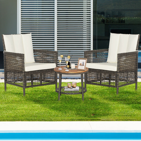 Come to have a satisfying relax with the 3-piece patio rattan sofa set. Â  The ergonomic seat with cozy backrest and curved armrests will make you fully relaxed and get rid of your tiredness and stress. The soft seat and back cushions make the seat more c