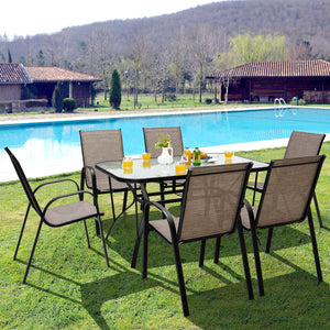 These 6 patio dining chairs will be perfect additions for outdoor places. Â  The ergonomic seat with curved armrests and cozy backrest will provides you with comfortable sitting experience. The breathable seat fabric will also keep you away from hotness i