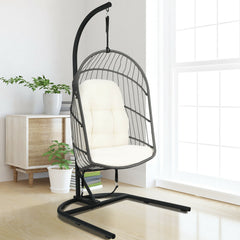 Made of anti-rust steel frame and all-weather PE rattan  this egg hanging chair can stay outside. Likewise  the modern appearance also makes it fit your indoor decoration. Â  If you use it indoors  the anti-slip foot pads protect your floor from scratchin