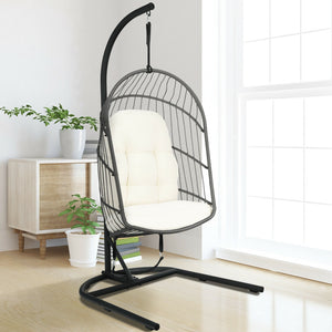 Made of anti-rust steel frame and all-weather PE rattan  this egg hanging chair can stay outside. Likewise  the modern appearance also makes it fit your indoor decoration. Â  If you use it indoors  the anti-slip foot pads protect your floor from scratchin