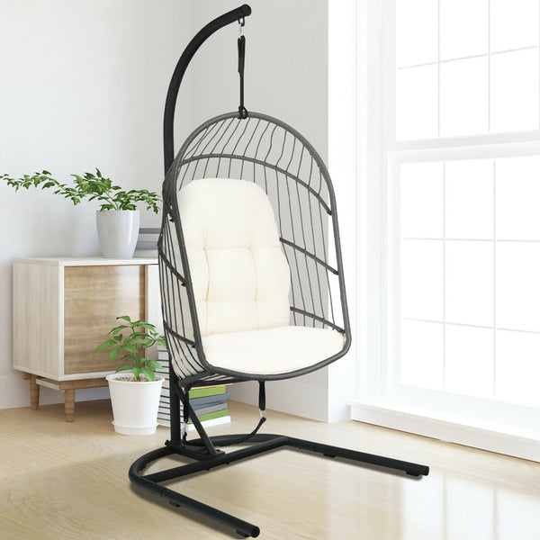 Made of anti-rust steel frame and all-weather PE rattan  this egg hanging chair can stay outside. Likewise  the modern appearance also makes it fit your indoor decoration. Â  If you use it indoors  the anti-slip foot pads protect your floor from scratchin