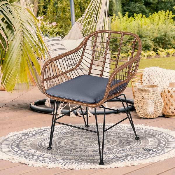 High-quality rattan is durable enough to stand the test of time <br>Including 2 armchairs  1 side table and 2 seat cushions <br>The footpads under the table and chair can prevent scratches <br>The stable construction and iron legs provide strong stability
