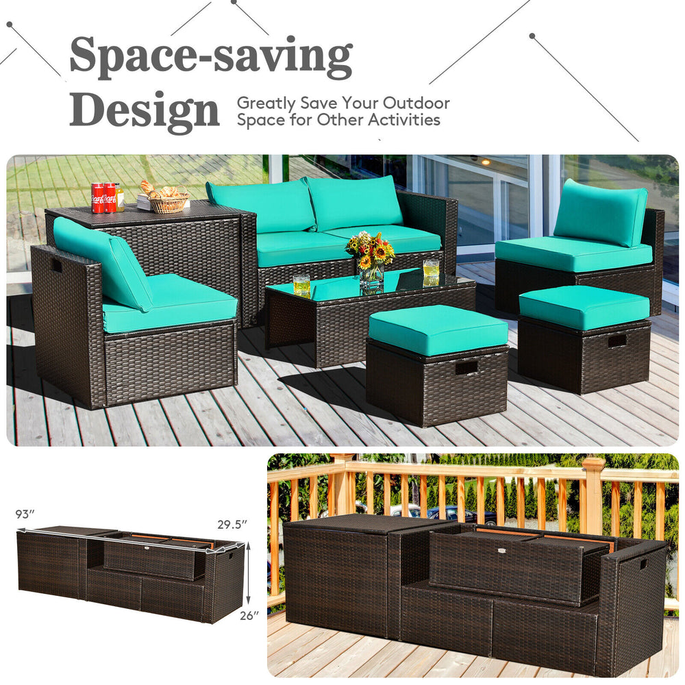 8-piece seat for more creative combinations Fetch different belongings with ease because of the practical coffee table Sturdier and safer to use with high quality tempered glass tabletop Soft and thick cushions for ultimate coziness Hold the ottomans' cus