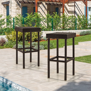 Enjoy your comfortable relaxing time with these 2 patio bar stools! Â  Featuring a modern simple appearance  these high bar stools are suitable for the indoors with different furnishing styles  as well as varieties of outdoor places  such as backyard  pat