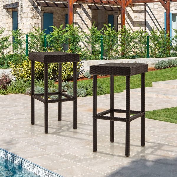 Enjoy your comfortable relaxing time with these 2 patio bar stools! Â  Featuring a modern simple appearance  these high bar stools are suitable for the indoors with different furnishing styles  as well as varieties of outdoor places  such as backyard  pat