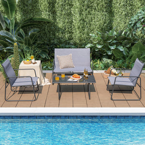 Injects a charming flair into your outdoor space with this 4-piece patio furniture set! Â  The loveseat and 2 chairs are ideal for chatting with family as well as entertaining your friends. The comfortable backrest  cozy armrests and breathable fabric mak