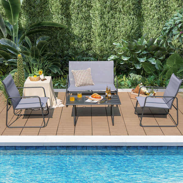 Injects a charming flair into your outdoor space with this 4-piece patio furniture set! Â  The loveseat and 2 chairs are ideal for chatting with family as well as entertaining your friends. The comfortable backrest  cozy armrests and breathable fabric mak