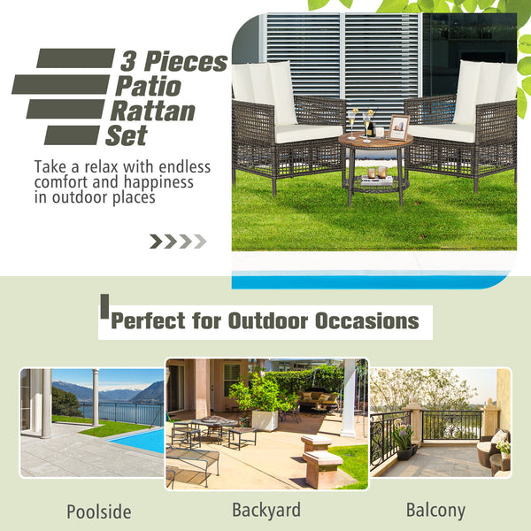 Come to have a satisfying relax with the 3-piece patio rattan sofa set. Â  The ergonomic seat with cozy backrest and curved armrests will make you fully relaxed and get rid of your tiredness and stress. The soft seat and back cushions make the seat more c