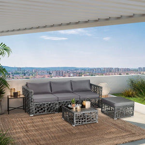 Enjoy the sunshine outdoors with this 5-piece patio furniture set! Â  Based on your selected place  you can customize this outdoor conversation set into a suitable shape. After that  the soft padded cushions are ready for you to sit on  providing you with