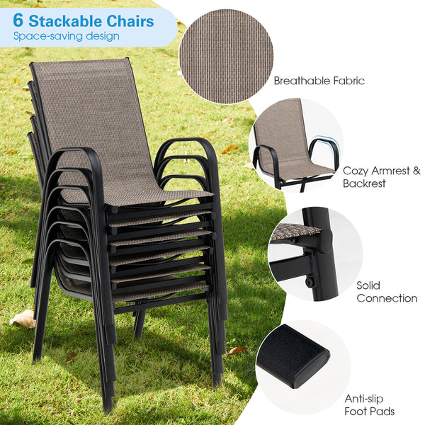 These 6 patio dining chairs will be perfect additions for outdoor places. Â  The ergonomic seat with curved armrests and cozy backrest will provides you with comfortable sitting experience. The breathable seat fabric will also keep you away from hotness i
