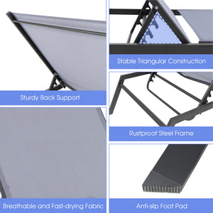 Adjust the backrest to 6 different angles for different needs<br>Lay flat position is perfect for full body sunbathing<br>Sturdy steel frame for 150 kg strong loading capacity<br>Non-slip foot pads for floor protection and extra stability<br>Selected fabr
