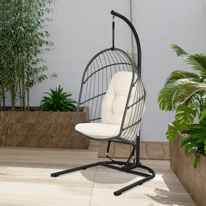 Made of anti-rust steel frame and all-weather PE rattan  this egg hanging chair can stay outside. Likewise  the modern appearance also makes it fit your indoor decoration. Â  If you use it indoors  the anti-slip foot pads protect your floor from scratchin