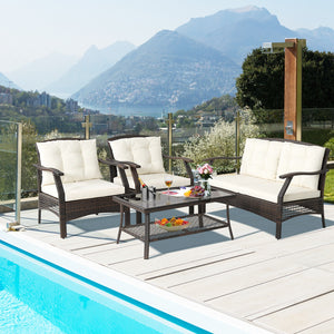 Are you looking for a comfortable sofa set for your outdoor leisure time? If so  this 4-piece patio furniture set will be a perfect choice for you. Â  High-quality PE rattan and sturdy steel frame feature outstanding sturdiness and durability  which can s