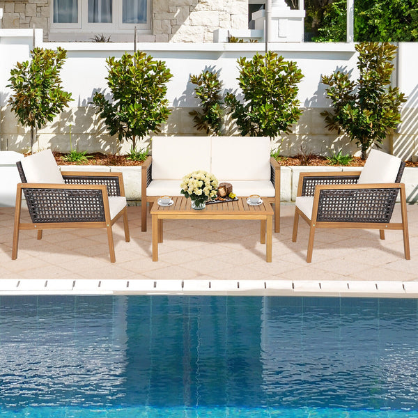 Come with 2 packages  may arrive separately <br>High quality acacia wood for steady performance and rustic touch <br>Withstand weather variations thanks to its all-weather mix of brown PE rattan <br>Bring a soft sitting experience with breathable and thic