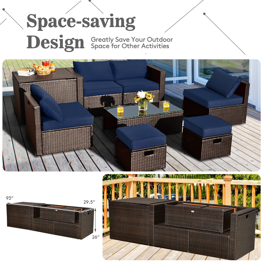 8-piece seat for more creative combinations Fetch different belongings with ease because of the practical coffee table Sturdier and safer to use with high quality tempered glass tabletop Soft and thick cushions for ultimate coziness Hold the ottomans' cus
