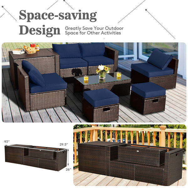 8-piece seat for more creative combinations Fetch different belongings with ease because of the practical coffee table Sturdier and safer to use with high quality tempered glass tabletop Soft and thick cushions for ultimate coziness Hold the ottomans' cus