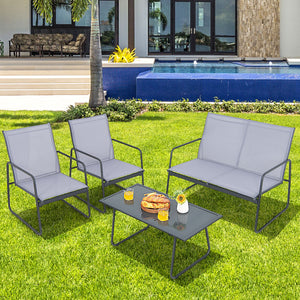 Injects a charming flair into your outdoor space with this 4-piece patio furniture set! Â  The loveseat and 2 chairs are ideal for chatting with family as well as entertaining your friends. The comfortable backrest  cozy armrests and breathable fabric mak
