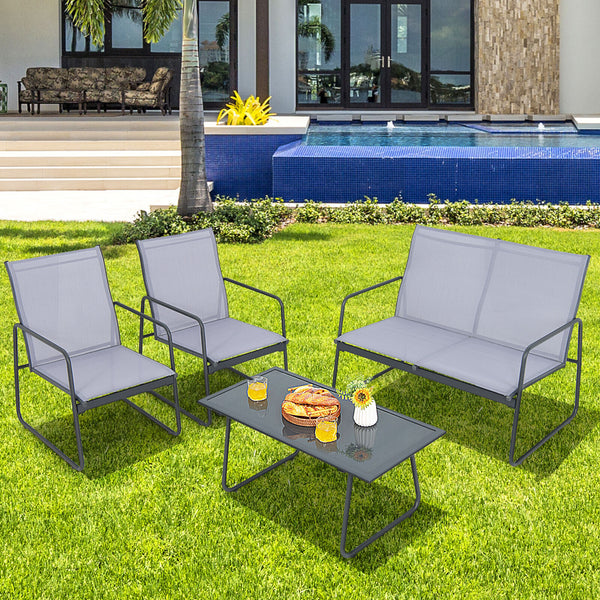 Injects a charming flair into your outdoor space with this 4-piece patio furniture set! Â  The loveseat and 2 chairs are ideal for chatting with family as well as entertaining your friends. The comfortable backrest  cozy armrests and breathable fabric mak