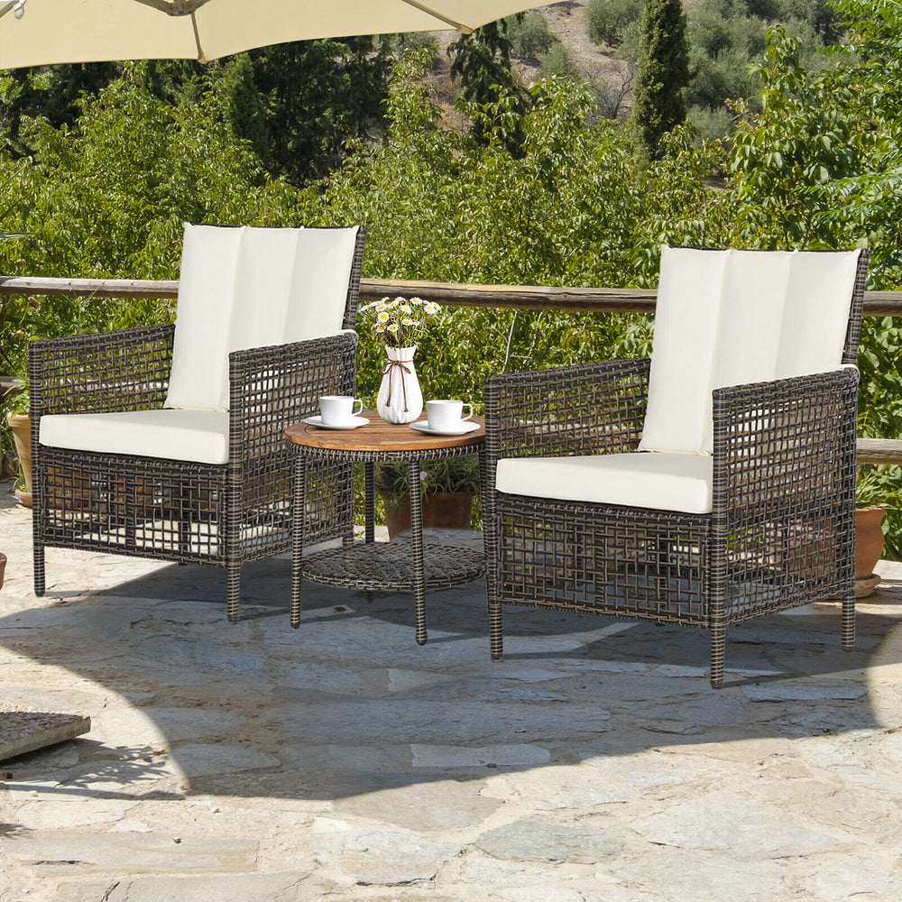 Come to have a satisfying relax with the 3-piece patio rattan sofa set. Â  The ergonomic seat with cozy backrest and curved armrests will make you fully relaxed and get rid of your tiredness and stress. The soft seat and back cushions make the seat more c