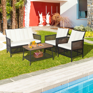 Spend time outdoors with this comfortable 4-piece patio furniture set! Â  Featuring ergonomic armrests  softly padded back and seat cushions  this outdoor conversation set brings extraordinary comfort so that you can use this cozy patio set to entertain y