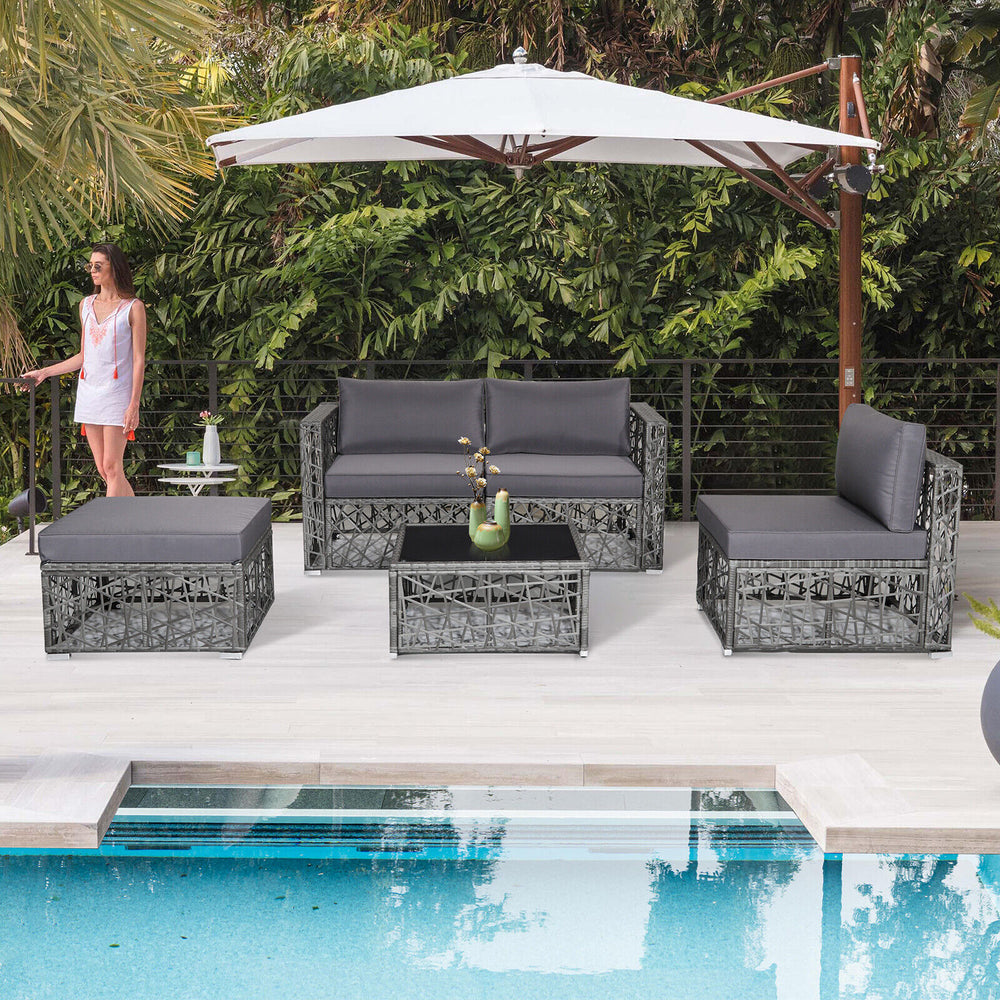 Enjoy the sunshine outdoors with this 5-piece patio furniture set! Â  Based on your selected place  you can customize this outdoor conversation set into a suitable shape. After that  the soft padded cushions are ready for you to sit on  providing you with
