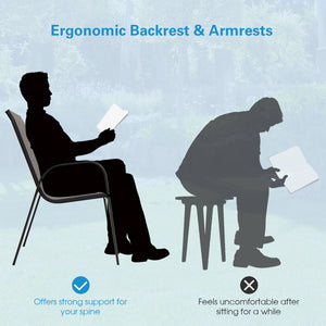 These 6 patio dining chairs will be perfect additions for outdoor places. Â  The ergonomic seat with curved armrests and cozy backrest will provides you with comfortable sitting experience. The breathable seat fabric will also keep you away from hotness i