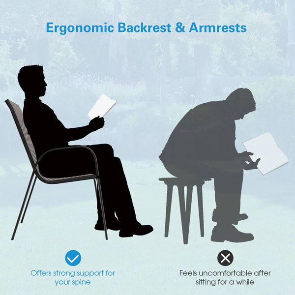 These 6 patio dining chairs will be perfect additions for outdoor places. Â  The ergonomic seat with curved armrests and cozy backrest will provides you with comfortable sitting experience. The breathable seat fabric will also keep you away from hotness i