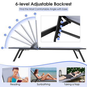 Adjust the backrest to 6 different angles for different needs<br>Lay flat position is perfect for full body sunbathing<br>Sturdy steel frame for 150 kg strong loading capacity<br>Non-slip foot pads for floor protection and extra stability<br>Selected fabr