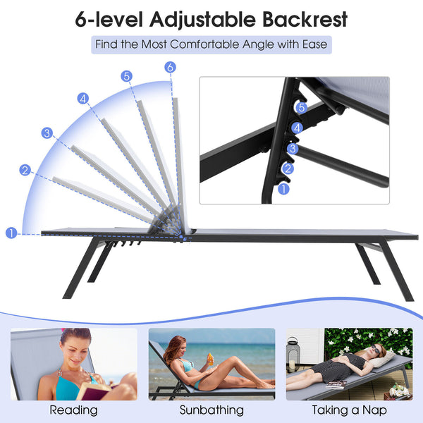 Adjust the backrest to 6 different angles for different needs<br>Lay flat position is perfect for full body sunbathing<br>Sturdy steel frame for 150 kg strong loading capacity<br>Non-slip foot pads for floor protection and extra stability<br>Selected fabr