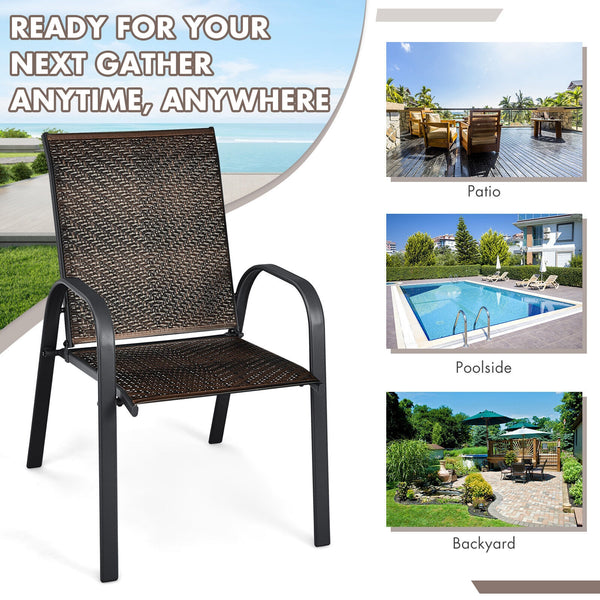 Sit on these outdoor dining chairs to have a delicious meal! Â  For comfort  these patio chairs are ergonomically designed with curved backrests  cozy armrests and deep seats to provide comfy sitting experience. Moreover  the all-weather PE wicker and stu