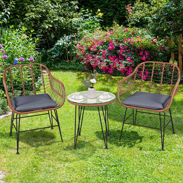 High-quality rattan is durable enough to stand the test of time <br>Including 2 armchairs  1 side table and 2 seat cushions <br>The footpads under the table and chair can prevent scratches <br>The stable construction and iron legs provide strong stability