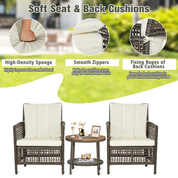 Come to have a satisfying relax with the 3-piece patio rattan sofa set. Â  The ergonomic seat with cozy backrest and curved armrests will make you fully relaxed and get rid of your tiredness and stress. The soft seat and back cushions make the seat more c