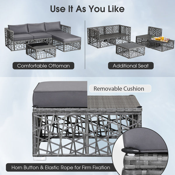 Enjoy the sunshine outdoors with this 5-piece patio furniture set! Â  Based on your selected place  you can customize this outdoor conversation set into a suitable shape. After that  the soft padded cushions are ready for you to sit on  providing you with