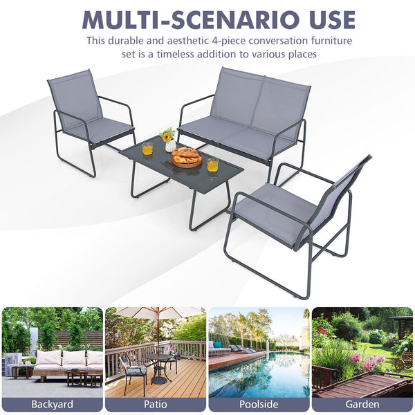 Injects a charming flair into your outdoor space with this 4-piece patio furniture set! Â  The loveseat and 2 chairs are ideal for chatting with family as well as entertaining your friends. The comfortable backrest  cozy armrests and breathable fabric mak