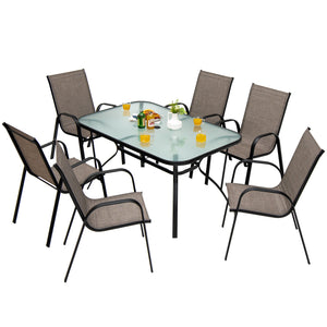 These 6 patio dining chairs will be perfect additions for outdoor places. Â  The ergonomic seat with curved armrests and cozy backrest will provides you with comfortable sitting experience. The breathable seat fabric will also keep you away from hotness i