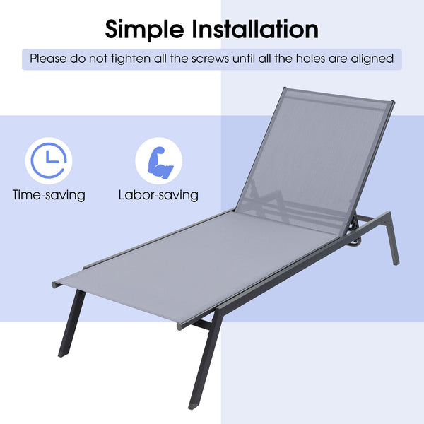 Adjust the backrest to 6 different angles for different needs<br>Lay flat position is perfect for full body sunbathing<br>Sturdy steel frame for 150 kg strong loading capacity<br>Non-slip foot pads for floor protection and extra stability<br>Selected fabr