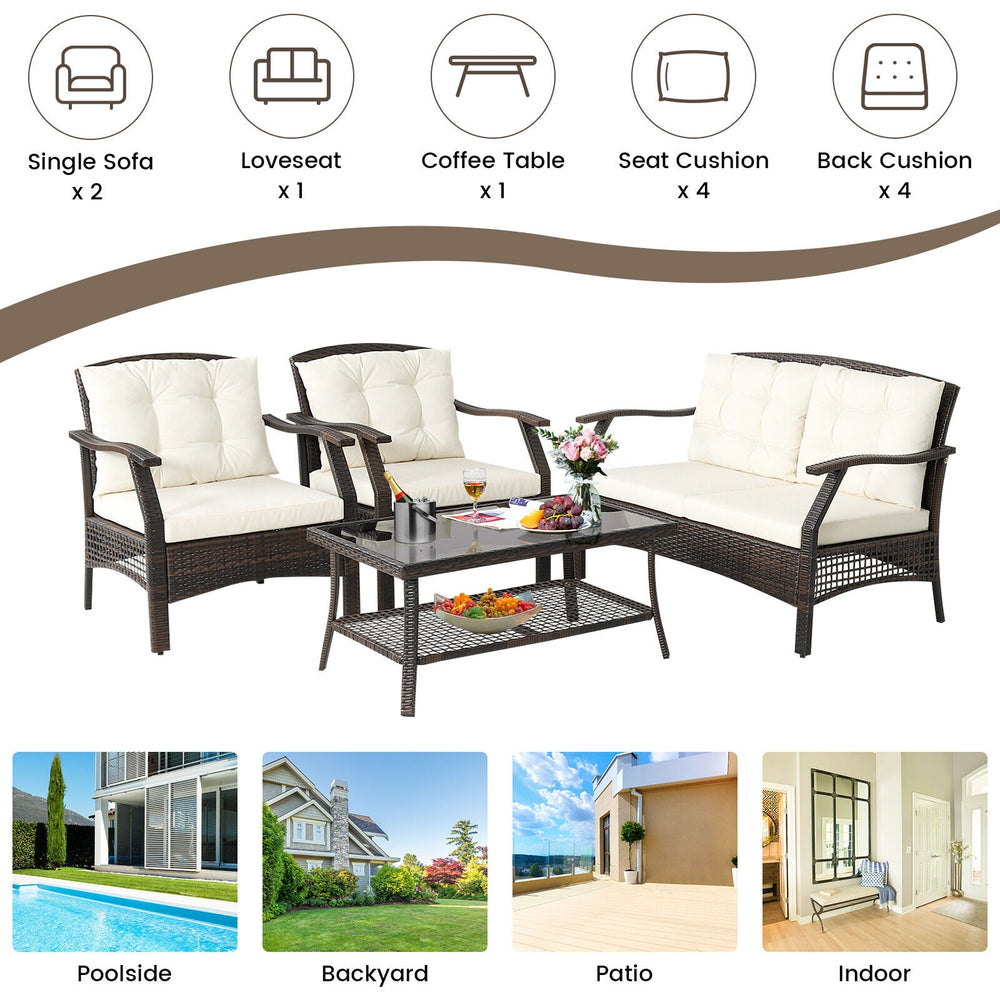 Are you looking for a comfortable sofa set for your outdoor leisure time? If so  this 4-piece patio furniture set will be a perfect choice for you. Â  High-quality PE rattan and sturdy steel frame feature outstanding sturdiness and durability  which can s