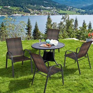 Sit on these outdoor dining chairs to have a delicious meal! Â  For comfort  these patio chairs are ergonomically designed with curved backrests  cozy armrests and deep seats to provide comfy sitting experience. Moreover  the all-weather PE wicker and stu