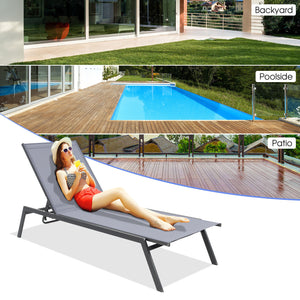 Adjust the backrest to 6 different angles for different needs<br>Lay flat position is perfect for full body sunbathing<br>Sturdy steel frame for 150 kg strong loading capacity<br>Non-slip foot pads for floor protection and extra stability<br>Selected fabr