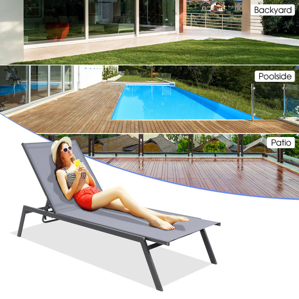 Adjust the backrest to 6 different angles for different needs<br>Lay flat position is perfect for full body sunbathing<br>Sturdy steel frame for 150 kg strong loading capacity<br>Non-slip foot pads for floor protection and extra stability<br>Selected fabr