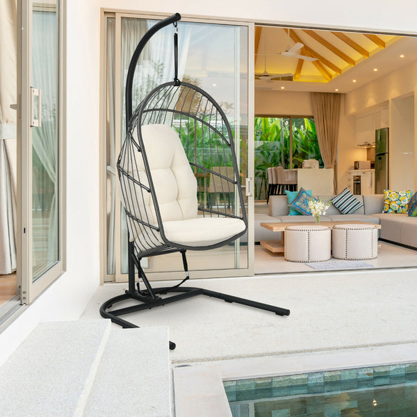 Made of anti-rust steel frame and all-weather PE rattan  this egg hanging chair can stay outside. Likewise  the modern appearance also makes it fit your indoor decoration. Â  If you use it indoors  the anti-slip foot pads protect your floor from scratchin
