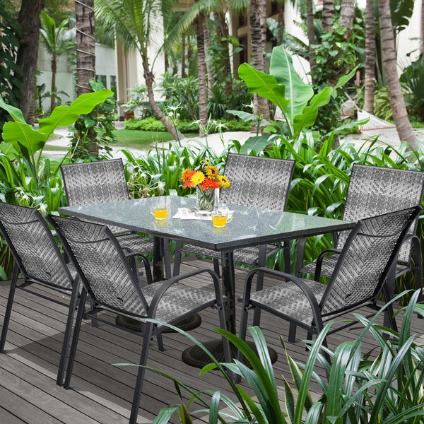 Sit on these outdoor dining chairs to have a delicious meal! Â  For comfort  these patio chairs are ergonomically designed with curved backrests  cozy armrests and deep seats to provide comfy sitting experience. Moreover  the all-weather PE wicker and stu