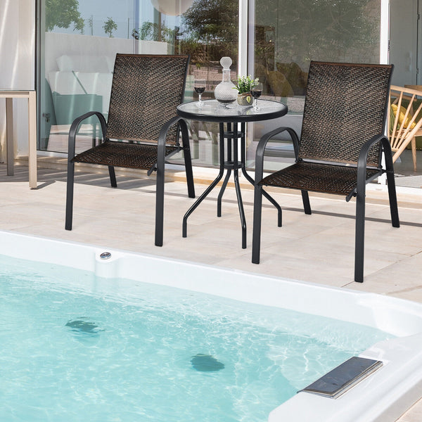 Sit on these outdoor dining chairs to have a delicious meal! Â  For comfort  these patio chairs are ergonomically designed with curved backrests  cozy armrests and deep seats to provide comfy sitting experience. Moreover  the all-weather PE wicker and stu