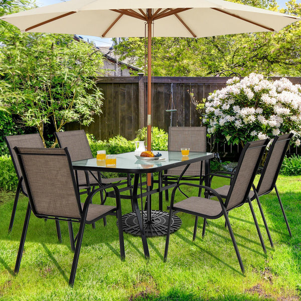 These 6 patio dining chairs will be perfect additions for outdoor places. Â  The ergonomic seat with curved armrests and cozy backrest will provides you with comfortable sitting experience. The breathable seat fabric will also keep you away from hotness i
