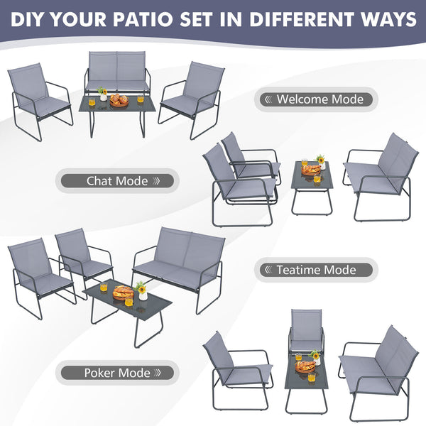 Injects a charming flair into your outdoor space with this 4-piece patio furniture set! Â  The loveseat and 2 chairs are ideal for chatting with family as well as entertaining your friends. The comfortable backrest  cozy armrests and breathable fabric mak