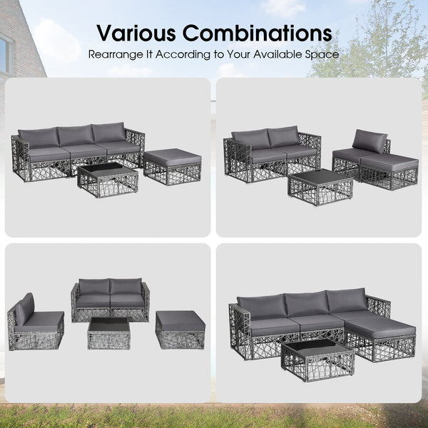 Enjoy the sunshine outdoors with this 5-piece patio furniture set! Â  Based on your selected place  you can customize this outdoor conversation set into a suitable shape. After that  the soft padded cushions are ready for you to sit on  providing you with