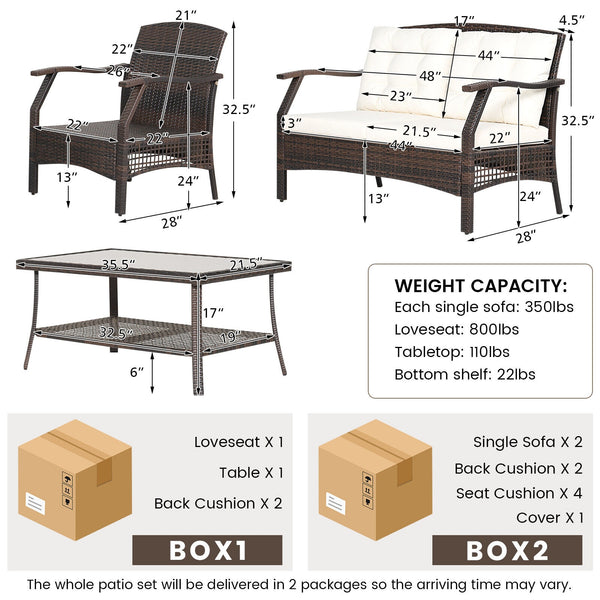 Are you looking for a comfortable sofa set for your outdoor leisure time? If so  this 4-piece patio furniture set will be a perfect choice for you. Â  High-quality PE rattan and sturdy steel frame feature outstanding sturdiness and durability  which can s