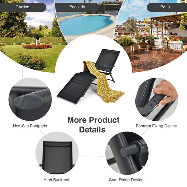 5 backrest angles and 2 footrest positions to meet various needs<br>Breathable and wearable seat fabric brings much comfort<br>Ergonomic design brings relaxation to your journey<br>Steel frame is not easy to rust and are of high durability<br>Stable trian